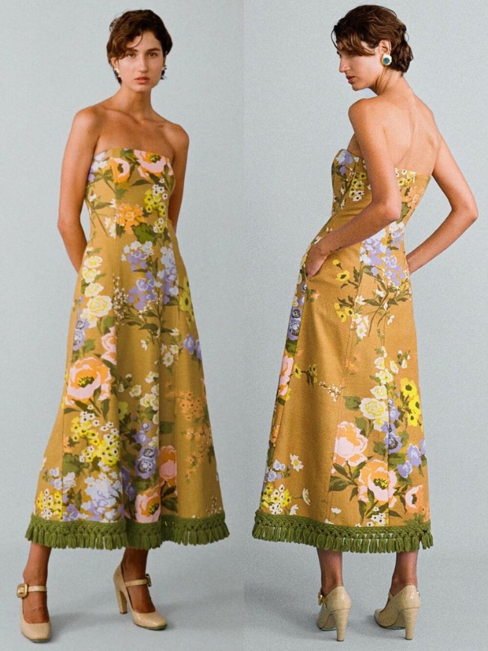 Lovaan Phillipa Dress Meadow Gold Green Floral Linen Strapless Midi Size 8
